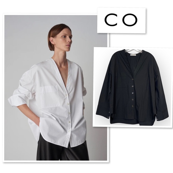 CO Collections V-Neck Blouse in Cotton Blend Poplin Black S Luxury Minimalist - Picture 7 of 16